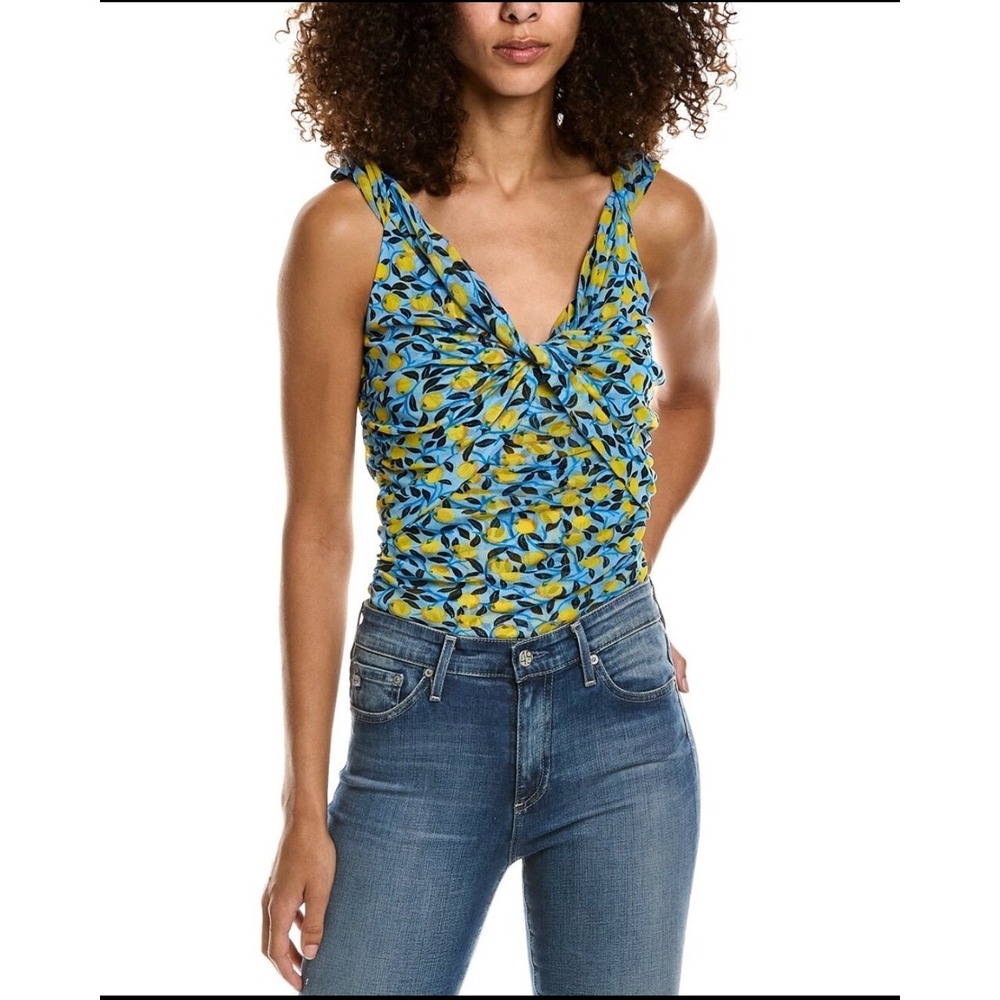 Diane Von Furstenberg Bloomington Bodysuit Nectarine Sky Blue Lemon Mesh Large